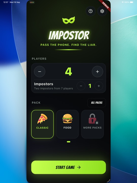 Impostor home screen with game setup options